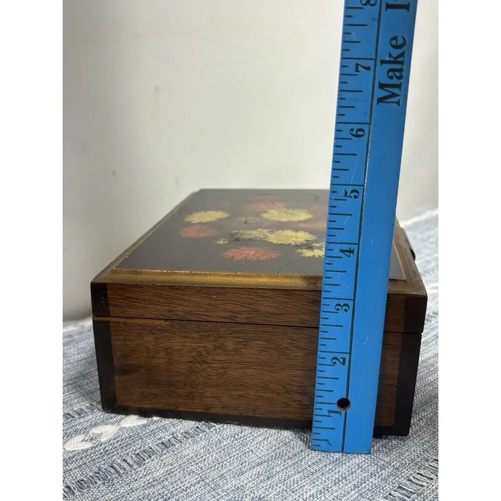 Vintage 1970s Wood Jewelry Box Floral Lid Etched Mirror Gold Lined Keepsake